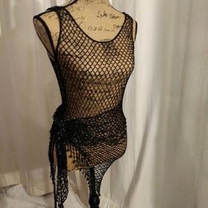 Black Beaded Tank And Cover- Up Open Weave